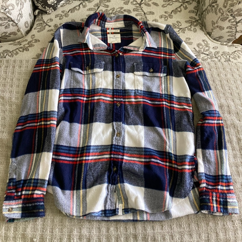 Women’s American Eagle Ahh Amazingly Soft Flannel Size Med Blue/White/Red EUC